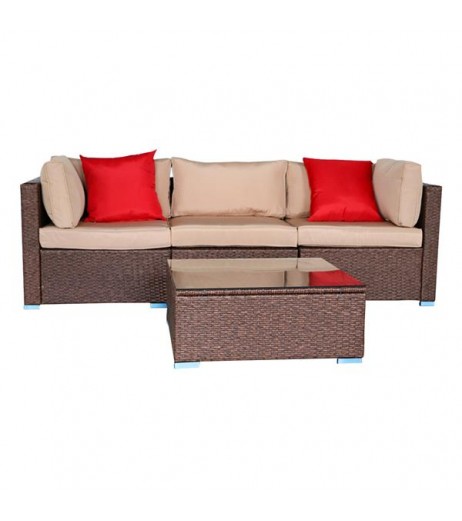 4 Pieces Wood Grain Patio PE Wicker Rattan Corner Sofa Set