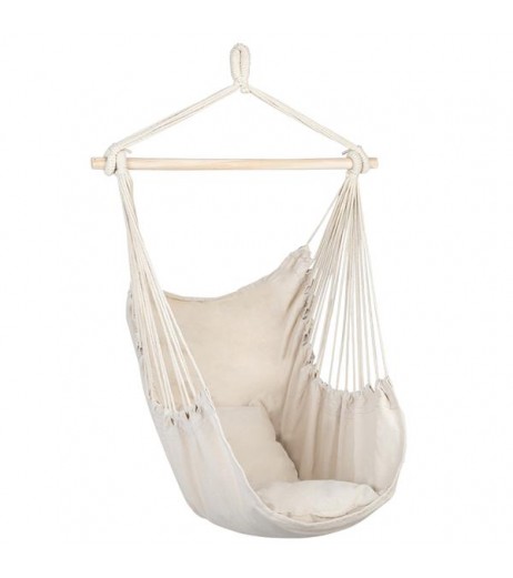 [US-W]Distinctive Cotton Canvas Hanging Rope Chair with Pillows Beige