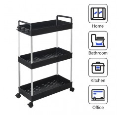 Rolling Storage Cart 3-Tier Mobile Shelving Unit Bathroom Carts with Handle for Kitchen Bathroom Laundry Room,Black