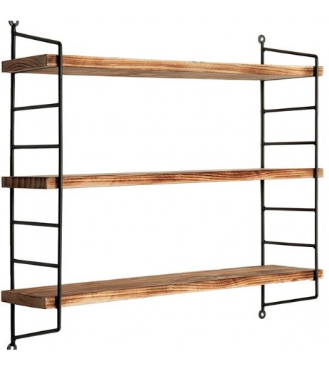 23-Inch Modern Industrial Metal and Torched Wood Adjustable Wall Mounted 3-Tier Display Floating Shelf