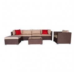 7 Pieces Wood Grain Patio PE Wicker Rattan Corner Sofa Set