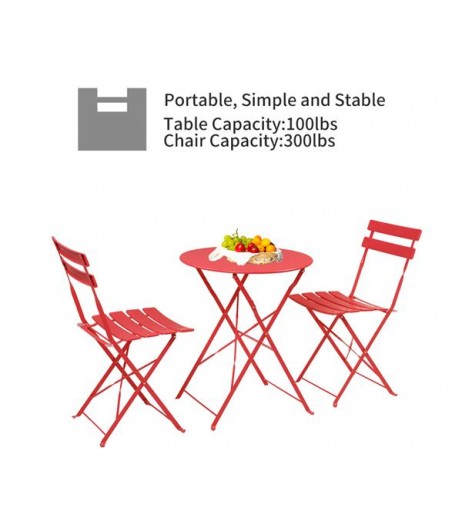 [US-W]Iron Folding Three-Piece Set 2 Chairs 1 Table Red
