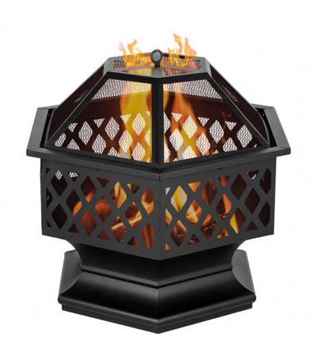 24" Hexagonal Shaped Iron Brazier Wood Burning Fire Pit Decoration for Backyard Poolside
