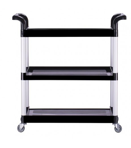 Heavy Duty 3-Shelf Rolling Service / Utility / Push Cart, 390 lbs. Capacity, Black, for Foodservice / Restaurant / Cleaning