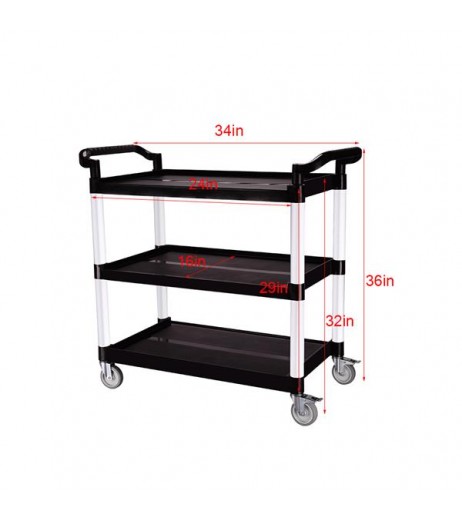 Heavy Duty 3-Shelf Rolling Service / Utility / Push Cart, 390 lbs. Capacity, Black, for Foodservice / Restaurant / Cleaning