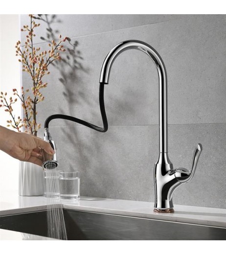 Pull-Down Kitchen Sink Faucet Copper Mixer Tap Pull-out Silver Lead-free Kitchen Faucet KJZY50
