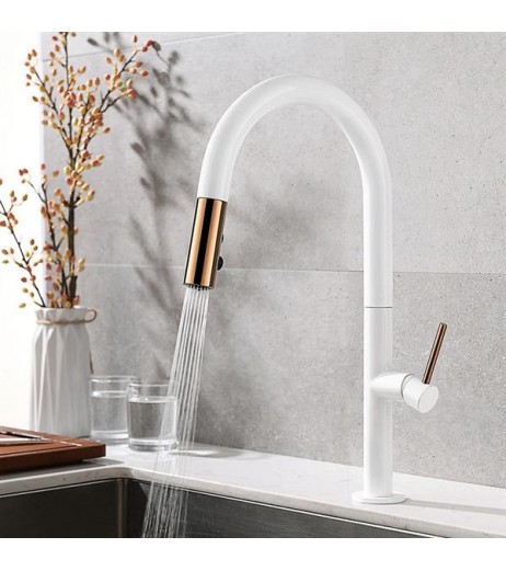 Pull-Down Kitchen Sink Faucet with Spray Head Copper White Mixer Tap Pull-out Kitchen Faucet KJZY80BAI
