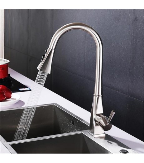 Single Handle Brushed Pull out Kitchen Faucet with High Arc Tube Stainless Steel Kitchen Sink Water Tap