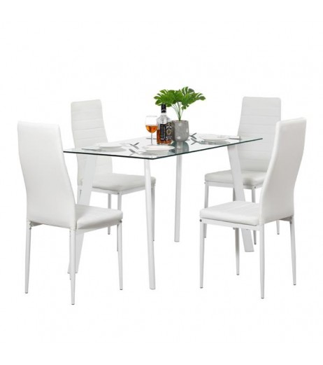 Hot 5 Piece Dining Table Set 4 Chairs Glass Metal Kitchen Room Furniture White