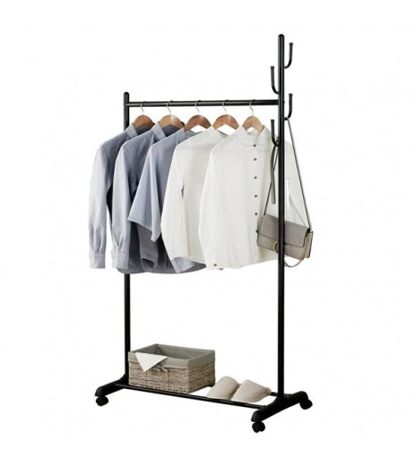 2-in-1 Coat Rack Rolling Garment Rack with Bottom Shelves-Black
