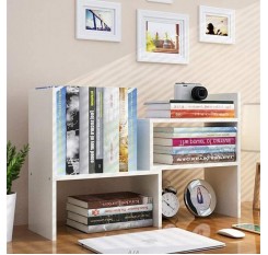 Desktop Bookshelf Adjustable Countertop Bookcase Office Supplies Wood Desk Organizer Accessories Display Rack,White